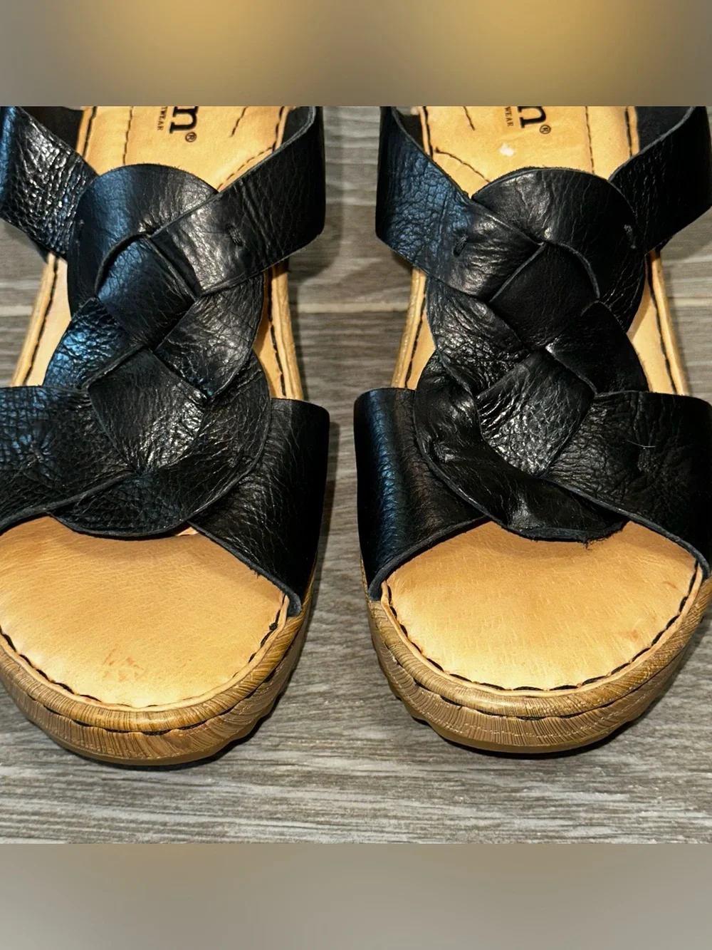 Born Nina Braided Front Wedge Black Leather Women’s 6M Platform Open Toe Sandal